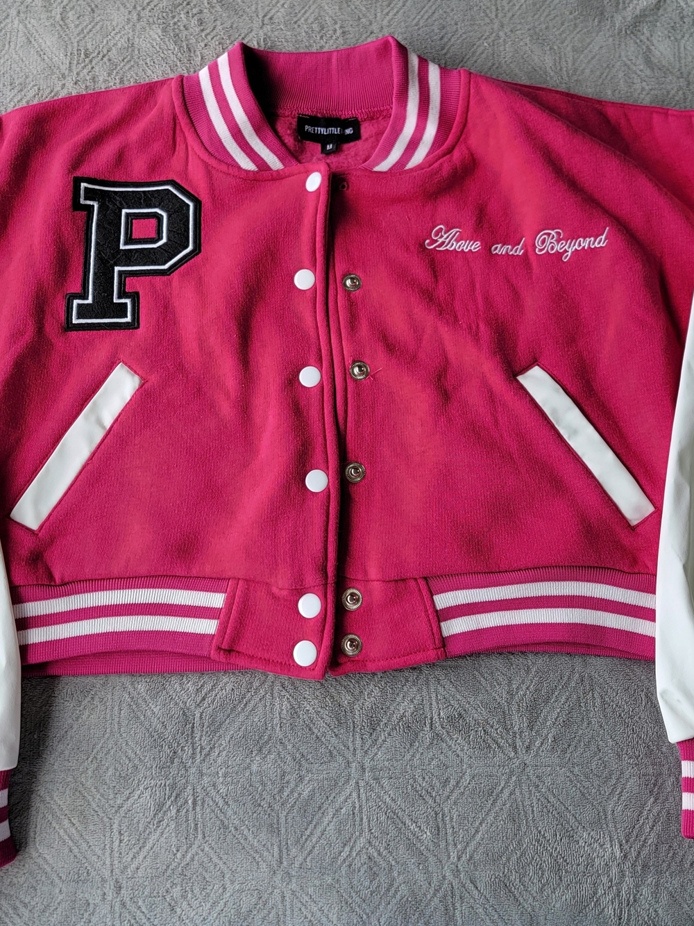 PrettyLittleThing Hot Pink & White Cropped Varsity Jacket